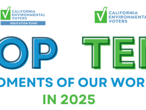 A banner featuring the California Environmental Voters and California Environmental Voters Education Fund logos. The main text reads: “Top Ten Moments of Our Work in 2025” with “Top” in blue, “Ten” in green, and the rest in blue and green. Surrounding the text are small rounded images showing various scenes, including groups of people holding signs, outdoor landscapes, individuals with certificates, and a dog lying near outdoor seating.